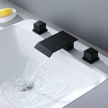Moda Matte Black Waterfall Widespread Bathroom Sink Faucet Square Double Handle